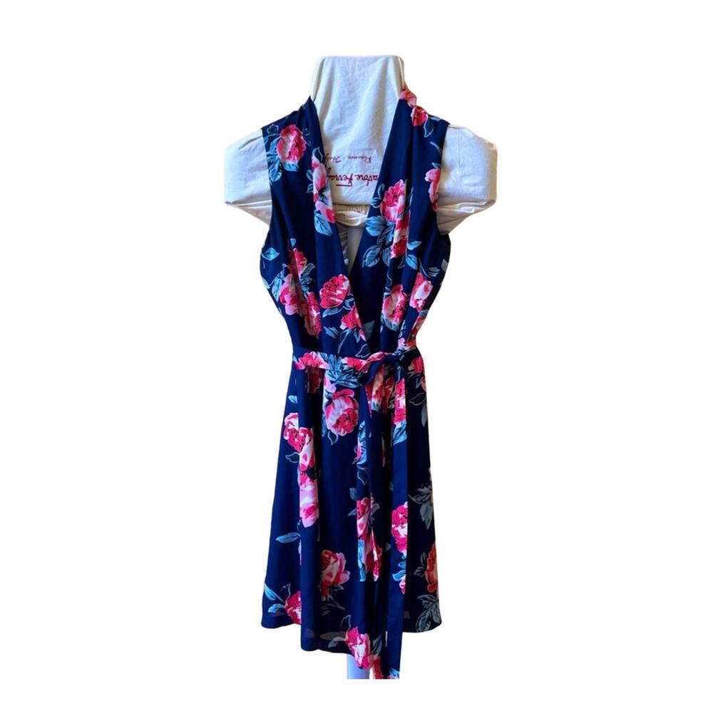 Romeo & Juliet Couture Floral Wrap Tie Sleeveless Dress Size Small Navy Pink